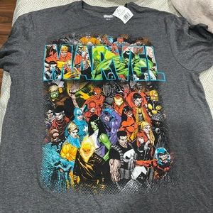 Marvel Many Characters Print with Marvel lettering across Gray T-Shirt